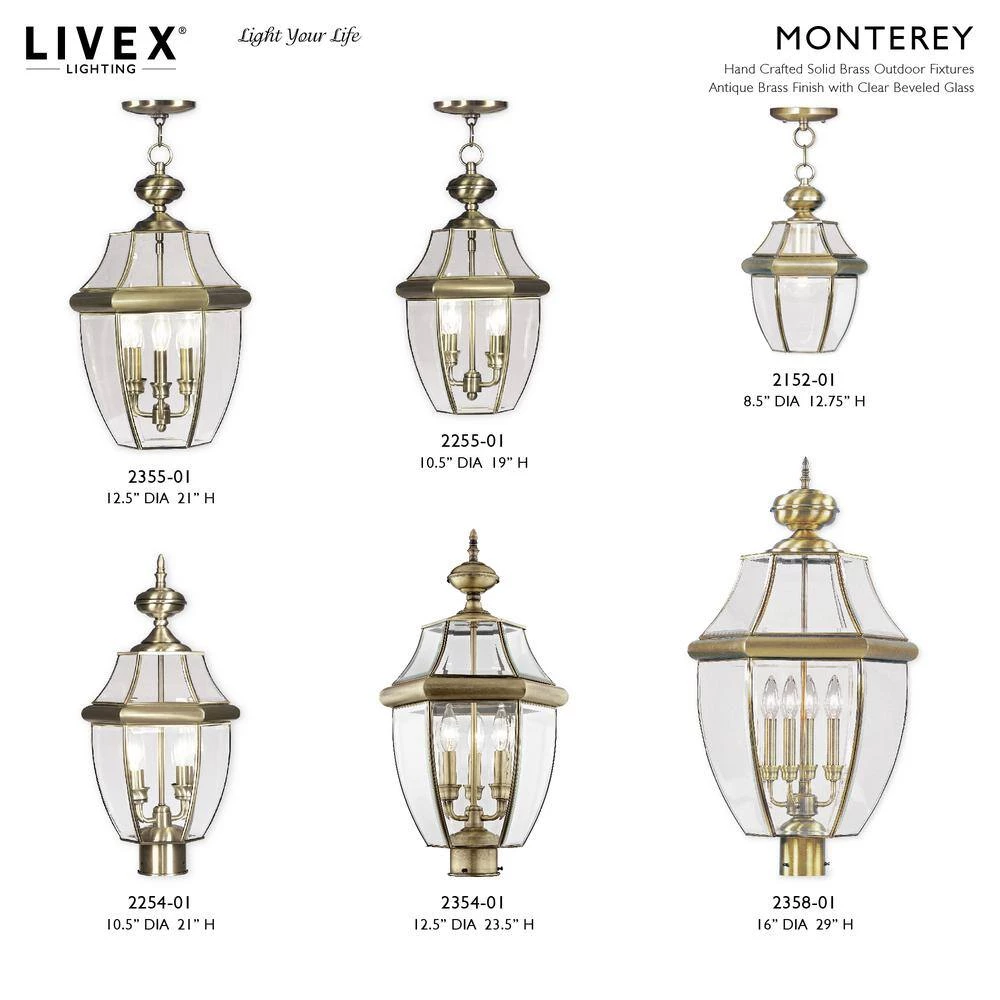 Monterey 3-Light Antique Brass Hardwired Outdoor Wall Lantern Sconce by Livex Lighting 9 Monterey 3-Light Antique Brass Hardwired Outdoor Wall Lantern Sconce by Livex Lighting - Image 9