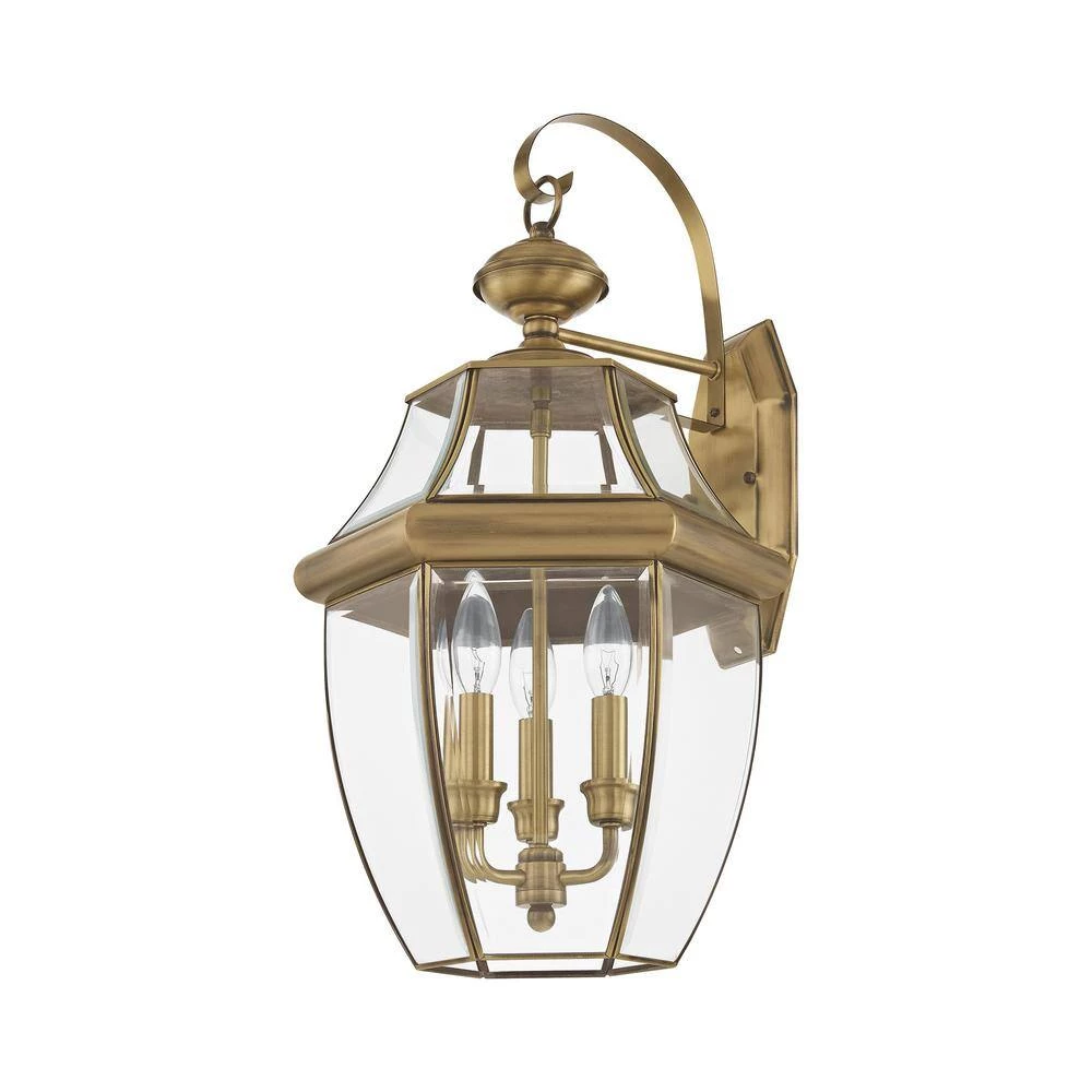 Monterey 3-Light Antique Brass Hardwired Outdoor Wall Lantern Sconce by Livex Lighting 4 Monterey 3-Light Antique Brass Hardwired Outdoor Wall Lantern Sconce by Livex Lighting - Image 4