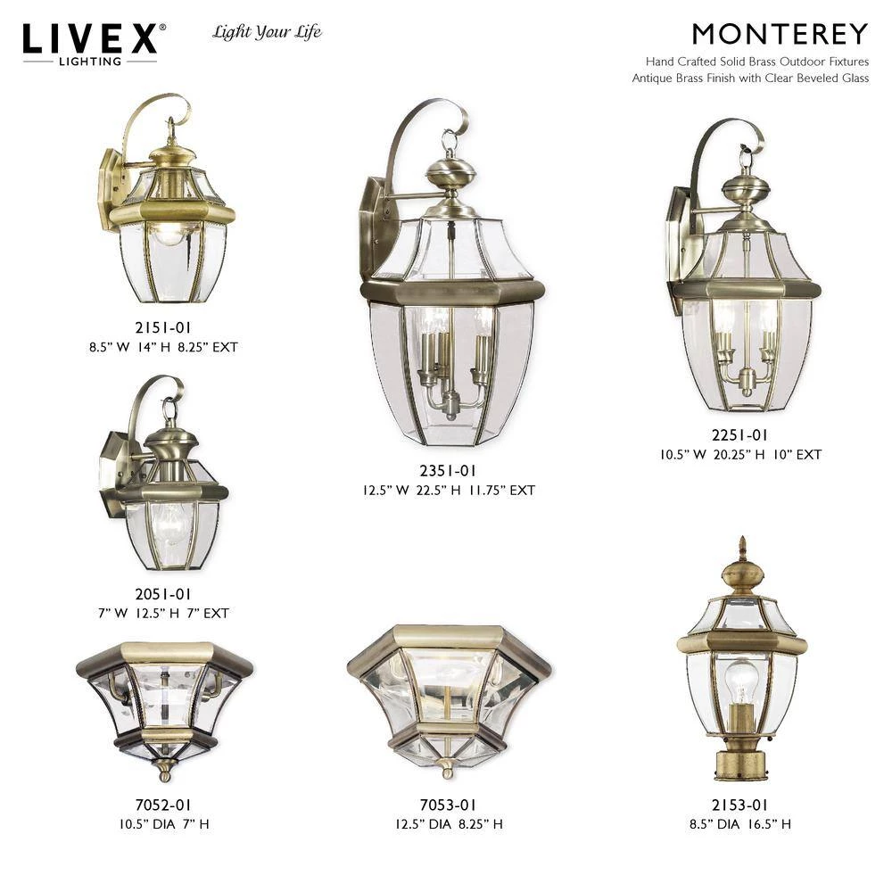 Monterey 3-Light Antique Brass Hardwired Outdoor Wall Lantern Sconce by Livex Lighting 8 Monterey 3-Light Antique Brass Hardwired Outdoor Wall Lantern Sconce by Livex Lighting - Image 8