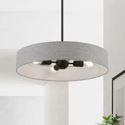 Elmhurst 4-Light Black Medium Hardback Drum Pendant with Urban Gray Shade with White Fabric Inside by Livex Lighting -Livex Lighting shop black livex lighting chandeliers 46144 04 76 1000