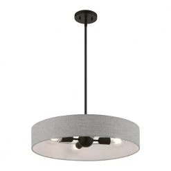 Elmhurst 4-Light Black Medium Hardback Drum Pendant with Urban Gray Shade with White Fabric Inside by Livex Lighting -Livex Lighting shop black livex lighting chandeliers 46144 04 c3 1000