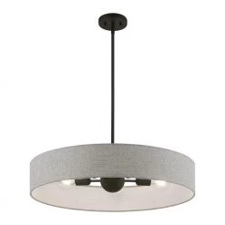 Elmhurst 5-Light Black Large Drum Hardback Pendant with Urban Gray Fabric Shade with White Fabric Inside by Livex Lighting -Livex Lighting shop black livex lighting chandeliers 46145 04 4f 1000
