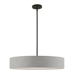 Elmhurst 5-Light Black Large Drum Hardback Pendant with Urban Gray Fabric Shade with White Fabric Inside by Livex Lighting