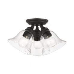 Moreland 14.5 in. 3-Light Black Large Semi-Flush Mount with Hand Blown Clear Glass by Livex Lighting