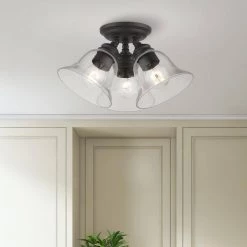 Moreland 14.5 in. 3-Light Black Large Semi-Flush Mount with Hand Blown Clear Glass by Livex Lighting -Livex Lighting shop black livex lighting flush mount lights 46489 04 fa 1000