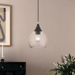 Catania 1-Light Black Island Mini Pendant with Clear Glass by Livex Lighting -Livex Lighting shop black livex lighting pendant lights 46501 04 76 1000