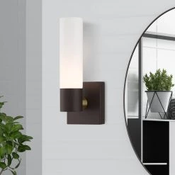 Aero 4.5 in. 1-Light Bronze ADA Wall Sconce with Hand Blown Satin Opal White Twist Lock Glass by Livex Lighting -Livex Lighting shop bronze livex lighting vanity lighting 10101 07 31 1000