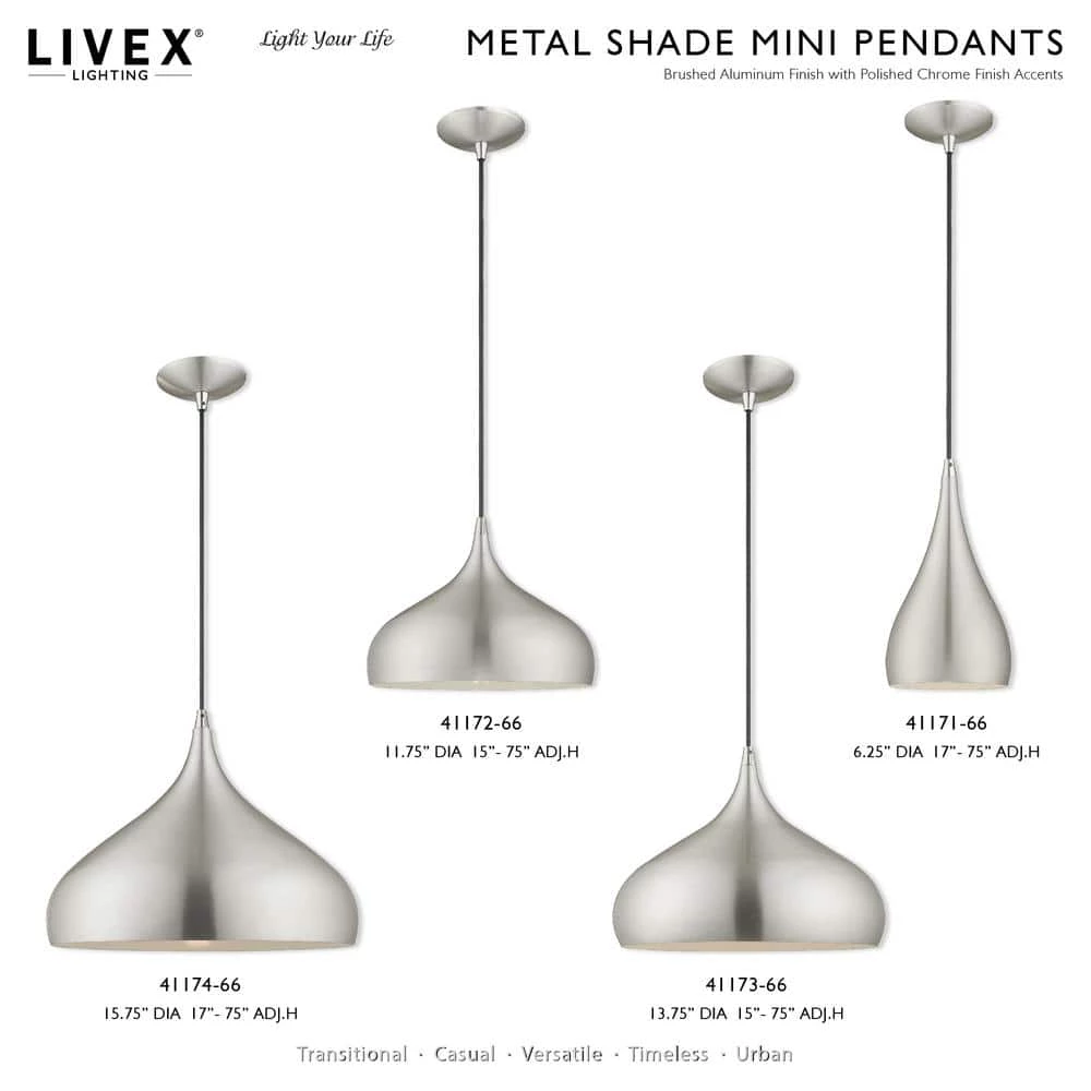 Metal Shade Mini Pendants 1 Light Brushed Aluminum Mini Pendant by Livex Lighting 10 Metal Shade Mini Pendants 1 Light Brushed Aluminum Mini Pendant by Livex Lighting - Image 10