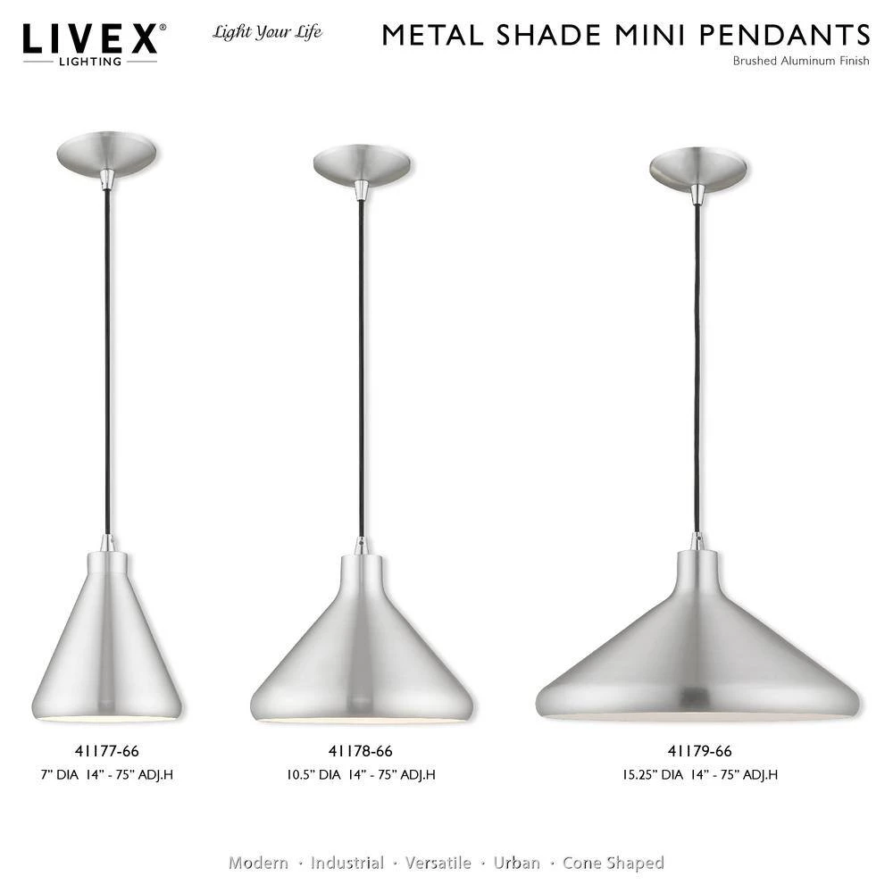 Metal Shade Mini Pendants 1 Light Brushed Aluminum Mini Pendant by Livex Lighting 10 Metal Shade Mini Pendants 1 Light Brushed Aluminum Mini Pendant by Livex Lighting - Image 10