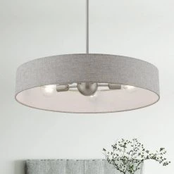Elmhurst 5-Light Brushed Nickel Large Hardback Drum Pendant with Urban Gray Fabric Shade with White Fabric Inside by Livex Lighting -Livex Lighting shop brushed nickel livex lighting chandeliers 46145 91 66 1000