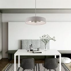 Elmhurst 5-Light Brushed Nickel Large Hardback Drum Pendant with Urban Gray Fabric Shade with White Fabric Inside by Livex Lighting -Livex Lighting shop brushed nickel livex lighting chandeliers 46145 91 76 1000