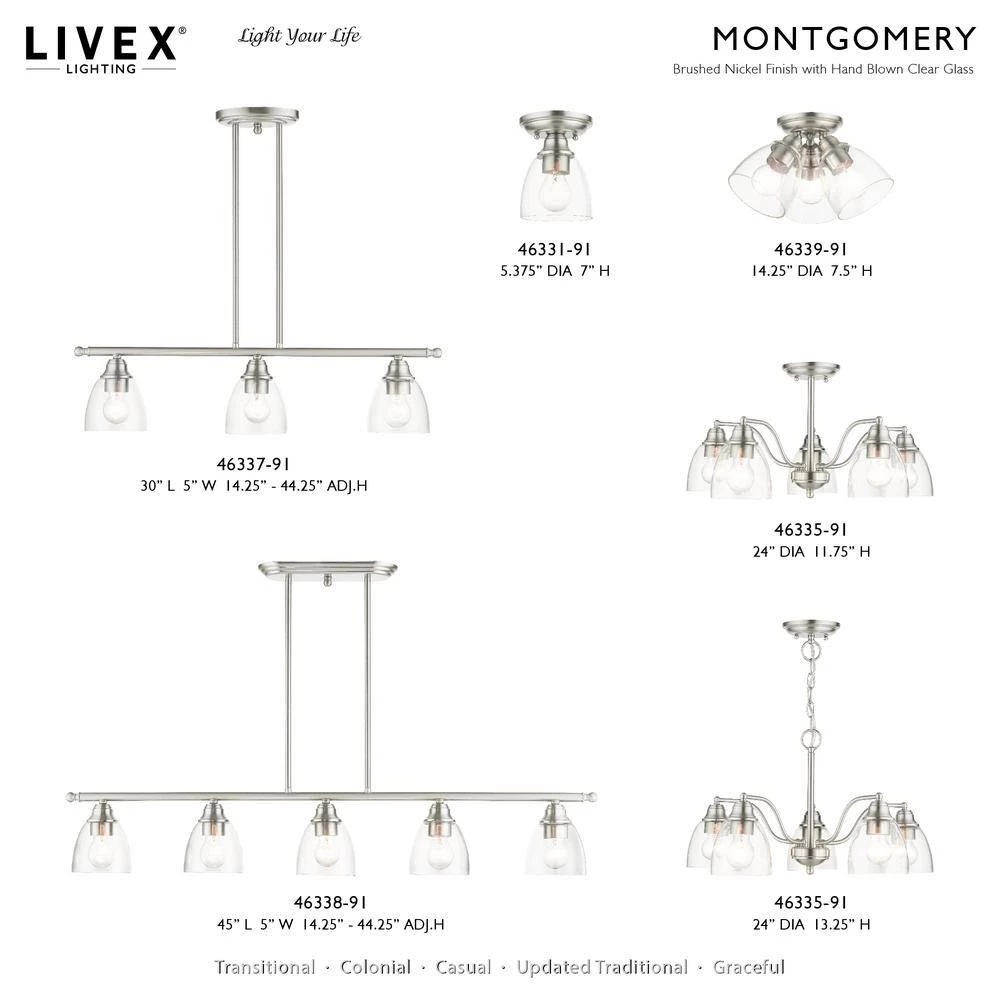 Montgomery 5 Light Brushed Nickel Linear Chandelier by Livex Lighting 11 Montgomery 5 Light Brushed Nickel Linear Chandelier by Livex Lighting - Image 11