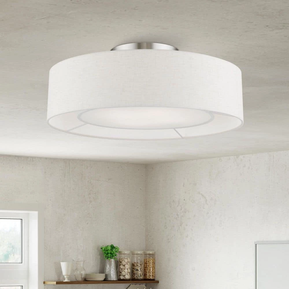 Ellsworth 21 in. 4-Light Brushed Nickel Semi-Flush Mount with Oatmeal Shade by Livex Lighting 2 Ellsworth 21 in. 4-Light Brushed Nickel Semi-Flush Mount with Oatmeal Shade by Livex Lighting - Image 2