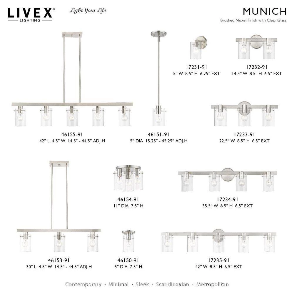 Munich 5 in. 1-Light Brushed Nickel Semi-Flush Mount with Clear Glass by Livex Lighting 10 Munich 5 in. 1-Light Brushed Nickel Semi-Flush Mount with Clear Glass by Livex Lighting - Image 10