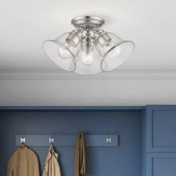 Moreland 14.5 in. 3-Light Brushed Nickel Semi-Flush Mount with Hand Blown Clear Glass by Livex Lighting -Livex Lighting shop brushed nickel livex lighting flush mount lights 46489 91 fa 1000