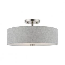 Dakota 15 in. 3-Light Brushed Nickel Semi-Flush Mount with Urban Gray Fabric Shade with White Fabric Inside by Livex Lighting