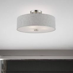 Dakota 15 in. 3-Light Brushed Nickel Semi-Flush Mount with Urban Gray Fabric Shade with White Fabric Inside by Livex Lighting -Livex Lighting shop brushed nickel livex lighting flush mount lights 46743 91 fa 1000