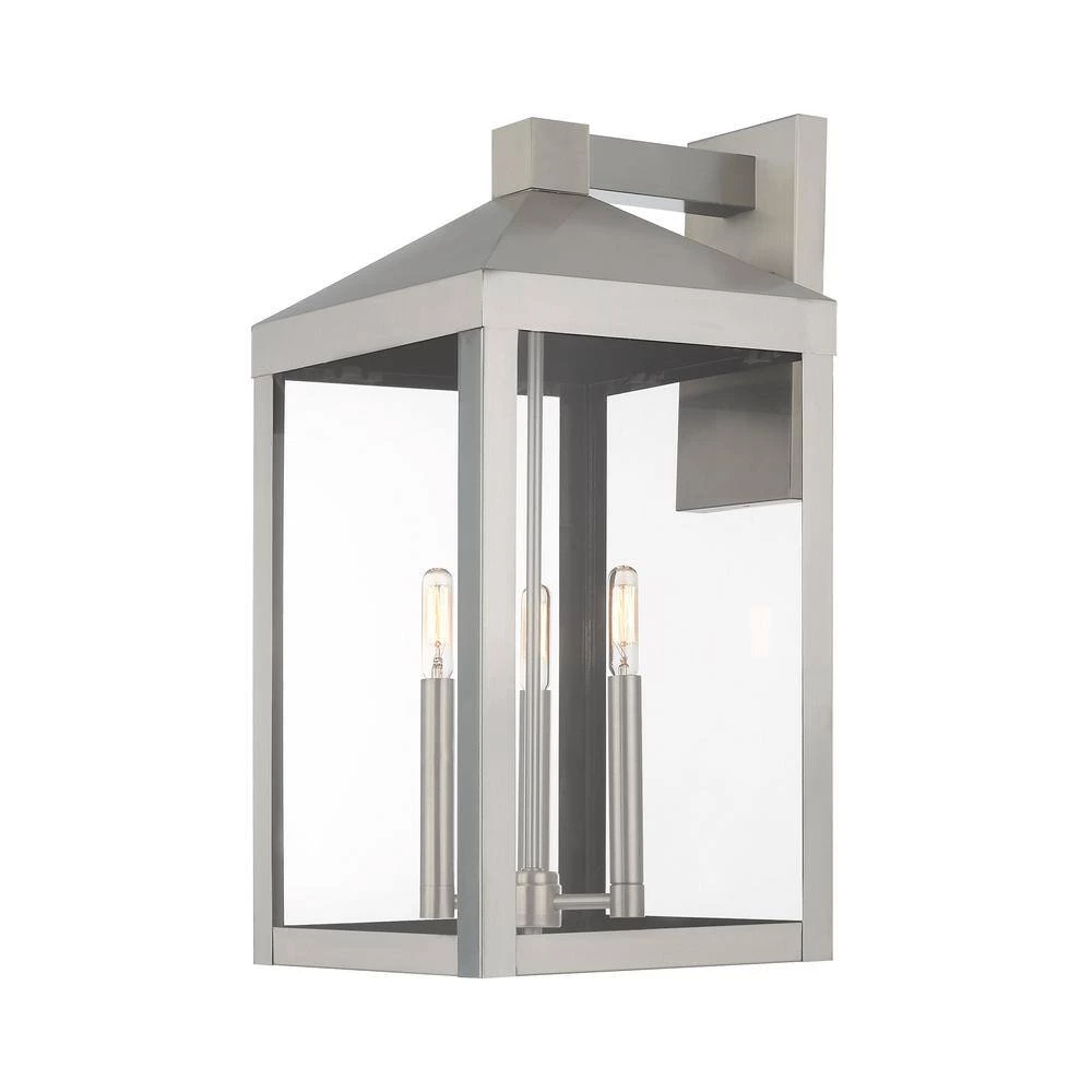 Nyack 3-Light Brushed Nickel Hardwired Large Outdoor Wall Lantern Sconce by Livex Lighting 8 Nyack 3-Light Brushed Nickel Hardwired Large Outdoor Wall Lantern Sconce by Livex Lighting - Image 8