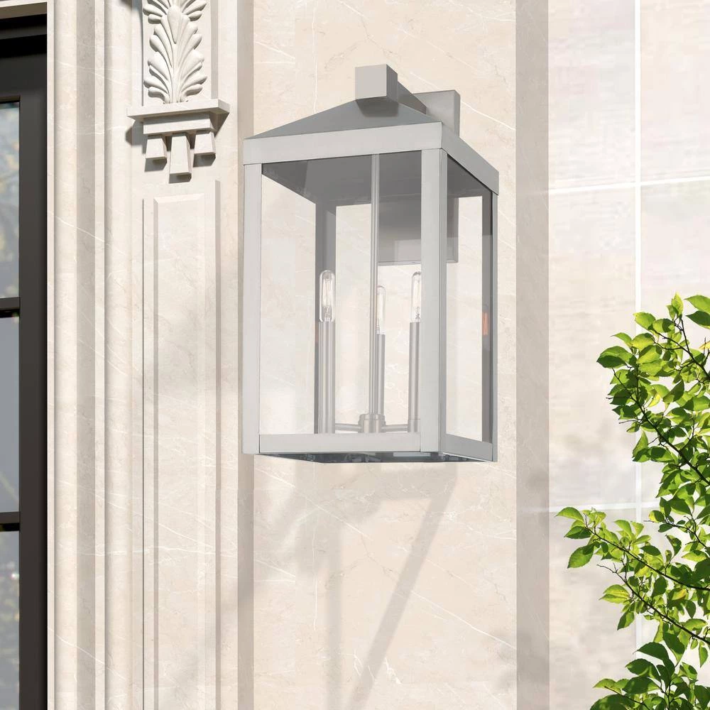 Nyack 3-Light Brushed Nickel Hardwired Large Outdoor Wall Lantern Sconce by Livex Lighting 9 Nyack 3-Light Brushed Nickel Hardwired Large Outdoor Wall Lantern Sconce by Livex Lighting - Image 9