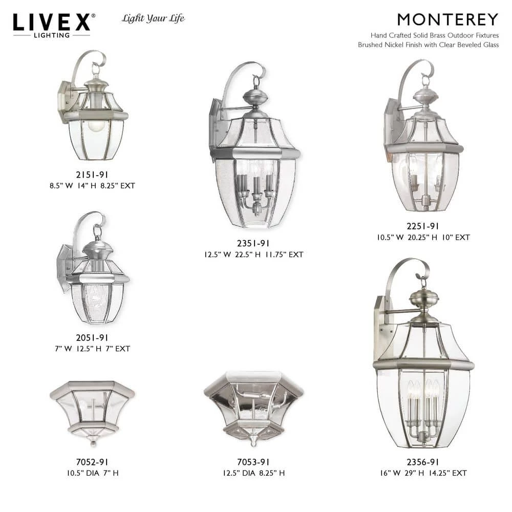 Monterey 3 Light Brushed Nickel Outdoor Wall Sconce by Livex Lighting 11 Monterey 3 Light Brushed Nickel Outdoor Wall Sconce by Livex Lighting - Image 11