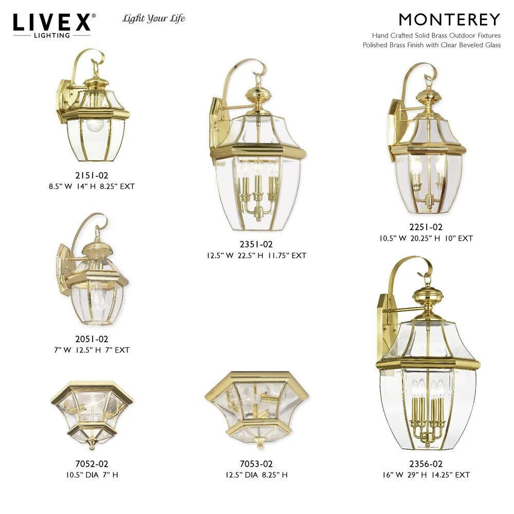 Monterey 3 Light Polished Brass Outdoor Wall Sconce by Livex Lighting 3 Monterey 3 Light Polished Brass Outdoor Wall Sconce by Livex Lighting - Image 3