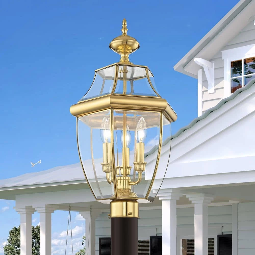 Monterey 3 Light Polished Brass Outdoor Post Top Lantern by Livex Lighting 2 Monterey 3 Light Polished Brass Outdoor Post Top Lantern by Livex Lighting - Image 2