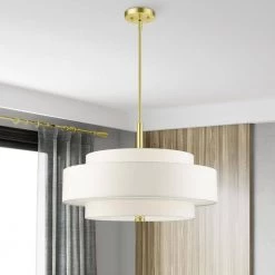 Meridian 5-Light Satin Brass Drum Pendant with Fabric Shade by Livex Lighting -Livex Lighting shop satin brass livex lighting chandeliers 50875 12 a0 1000
