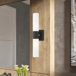 Aero 2 Light Textured Black ADA Wall Sconce with Hand Blown Satin Opal White Twist Lock Glass by Livex Lighting -Livex Lighting shop textured black livex lighting vanity lighting 10102 14 40 1000